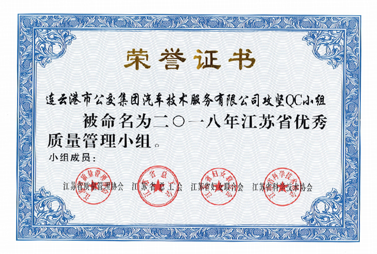 公交集團機務(wù)技術(shù)事業(yè)部“攻堅”QC小組喜獲江蘇省優(yōu)秀質(zhì)量管理小組稱(chēng)號
